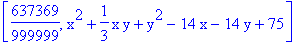 [637369/999999, x^2+1/3*x*y+y^2-14*x-14*y+75]